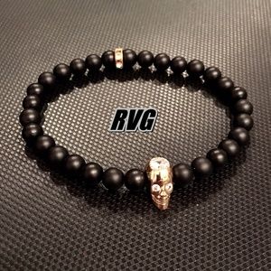 Black Onyx 6mm Bead Bracelet Zircon Skull Enhancer